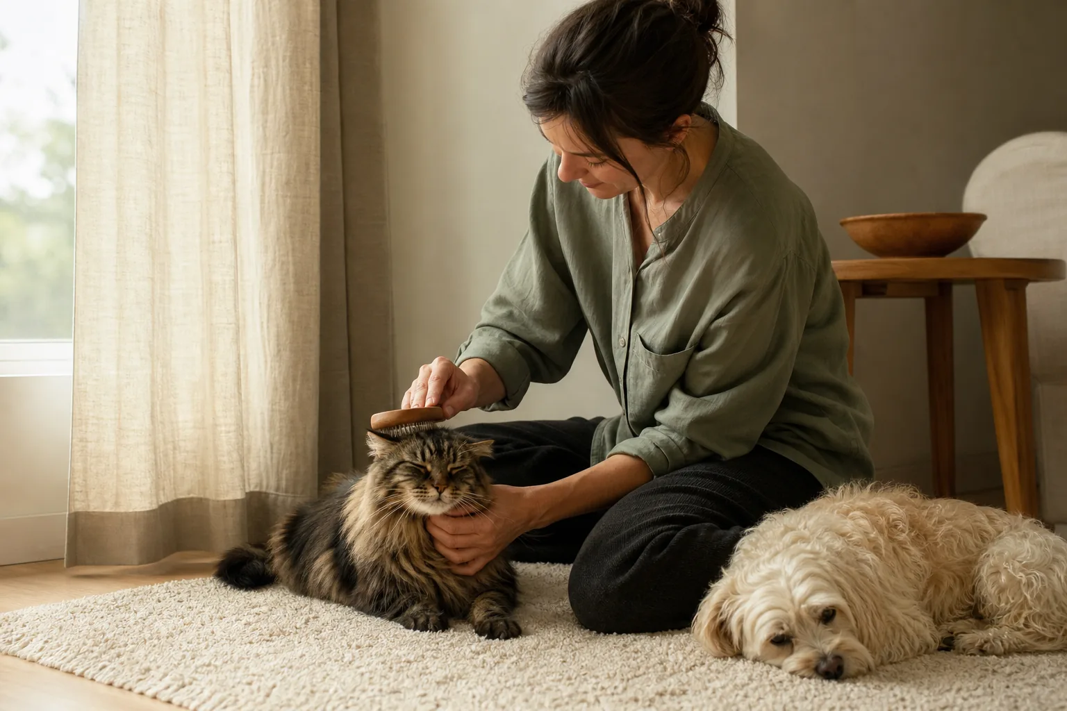 AI-generated lifestyle image of a calm pet-care moment at home